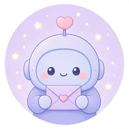 Sahmie, a lavender robot with a heart antenna, holding a pale envelope.