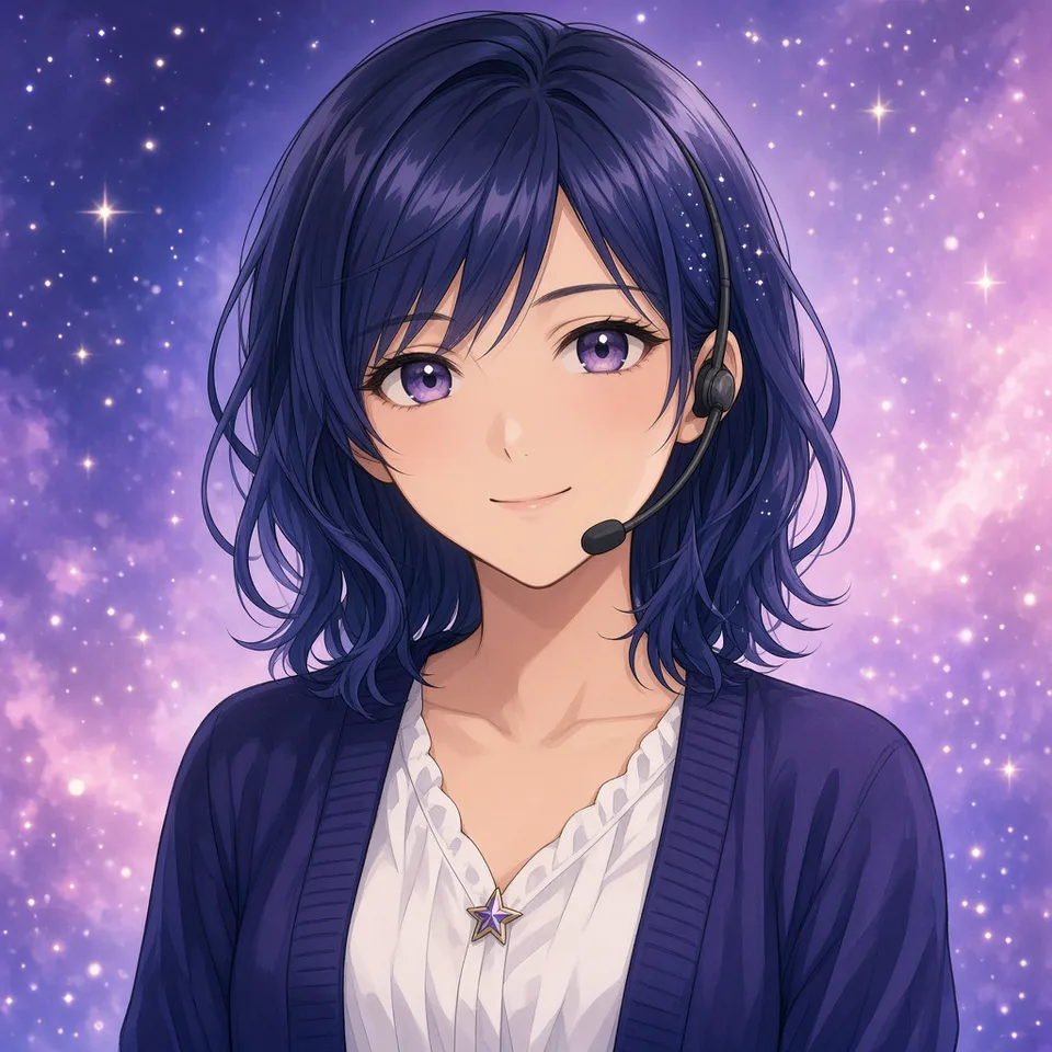 Makoto Nebu, a smiling young woman with dark blue hair and indigo eyes, wearing a light blue hoodie.